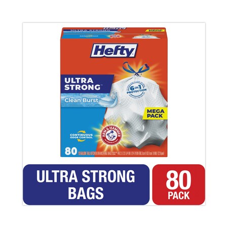 Hefty 13 gal Trash Bags, 23.75 in x 24.88 in, Extra Extra Heavy-Duty, .9 Mil, White, 80 PK E88356